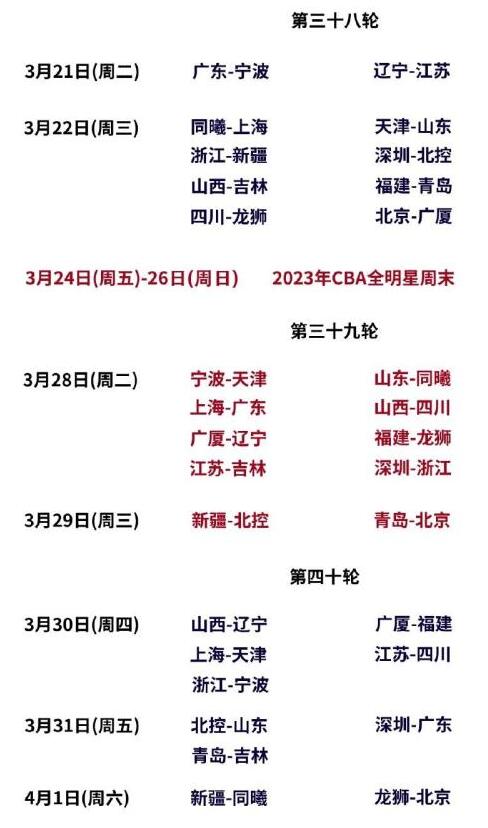 2022-2023年CBA第三阶段赛程时间表 cba第三阶段比赛日程安排表