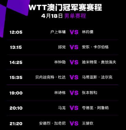 2023年WTT澳门冠军赛4月18日赛程直播时间表 今天澳门乒乓球比赛对阵表图