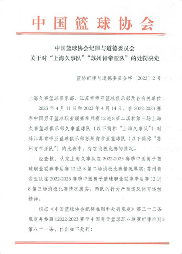 篮协公布“CBA假球事件”处罚结果 各罚款500万