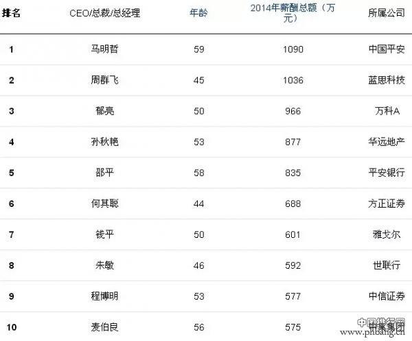 2015内地上市公司CEO年薪排行