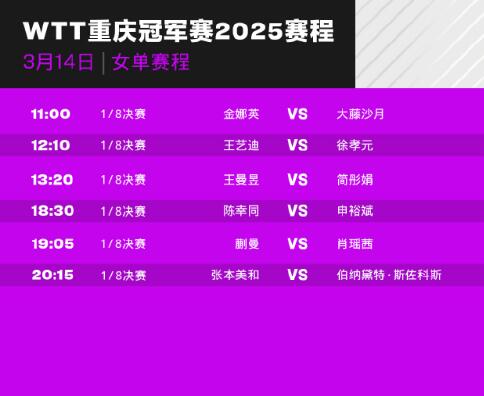 2025乒乓球WTT重庆冠军赛1/8决赛赛程直播时间表 男女单打对阵名单